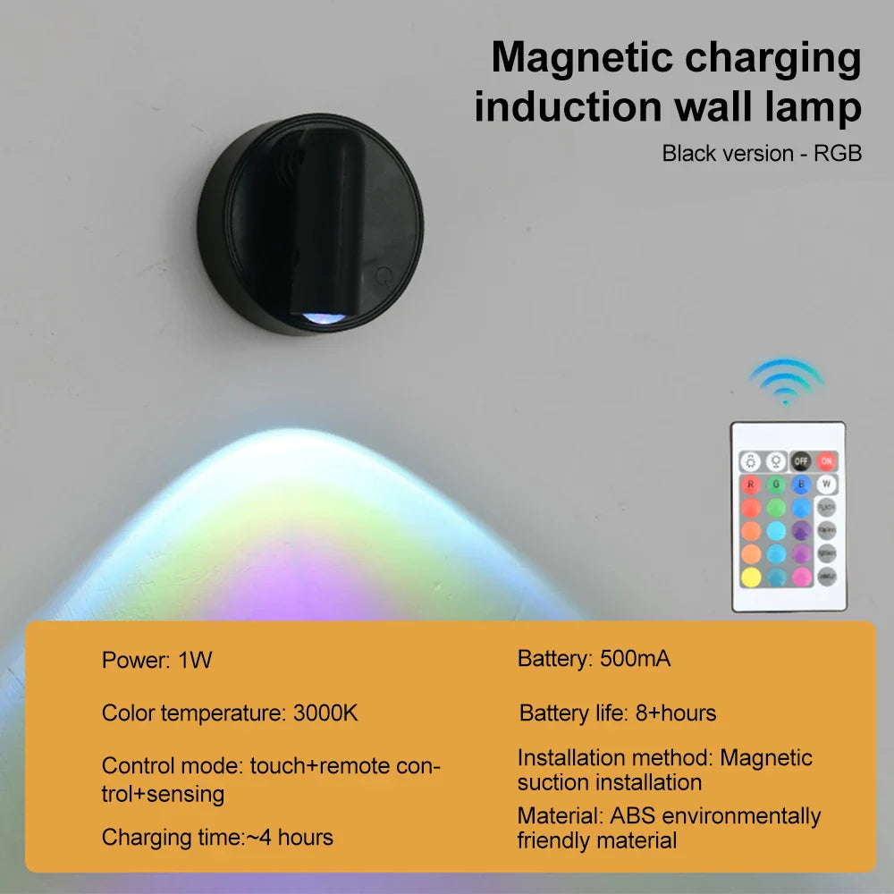 RGB Night Light with Magnetic Base | USB Rechargeable Dimmable LED Wall Lamp