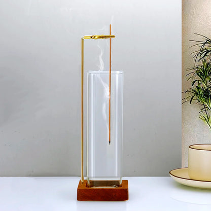Brûleur d'encens en verre Support d'encens en bois pour bâtonnets avec cendrier en verre anti-cendres volantes pour yoga et décoration intérieure