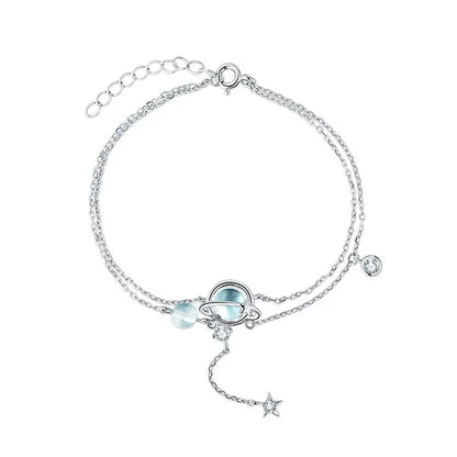 Aquamarine Crystal Encrusted Sterling Silver Bracelet | Double Layer Charm Bracelet