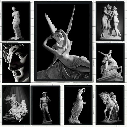 Arte de pared nórdico simple, escultura de dioses griegos antiguos negros, estatua de David, lienzo impreso, póster para decoración de sala de estar y dormitorio.