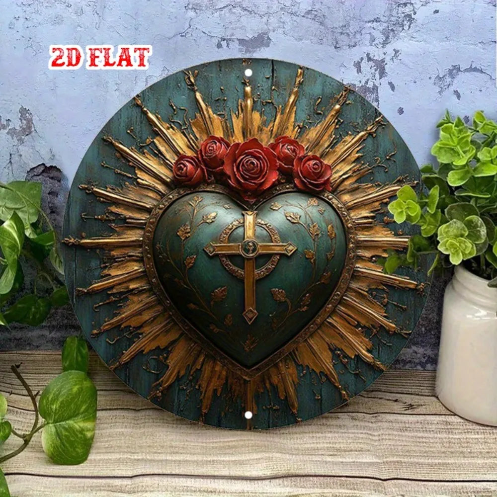 Panneau rond en aluminium Cœur Sacré religieux - 7,87" Décor rustique Roses et Croix, Art mural pour maison ou café