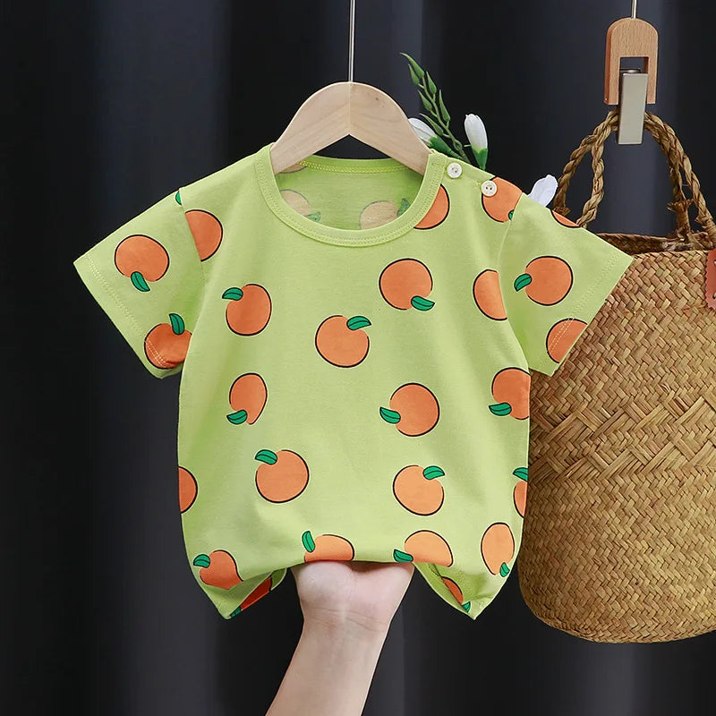 Camisetas y playeras infantiles de verano, 100 % algodón, con estampado gráfico, ropa para niño, estilo coreano, ropa para niña, auto de dibujos animados, 2026, artículos para bebé