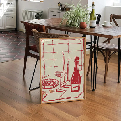 Décoration murale moderne avec un crabe et du vin, dessinée à la main en rouge, pour cuisine rose, salon, chambre à coucher