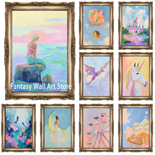 Affiche d'illustration de conte de fées Château rose Sirène Décoration murale Chambre de bébé Chambre d'enfant Impressions sur toile
