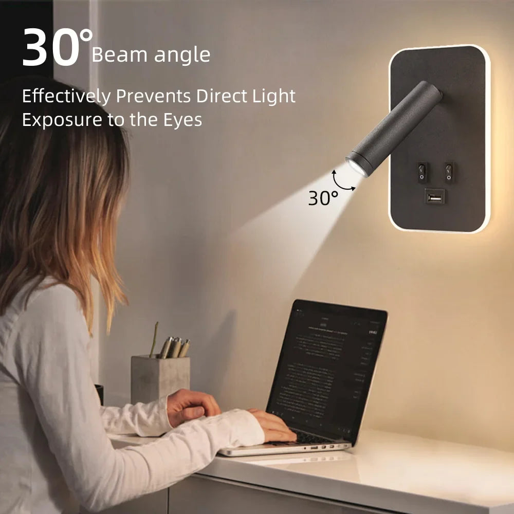 Bedside LED Wall Reading Lamp with USB Port Switch Rotatable Wall Sconce
