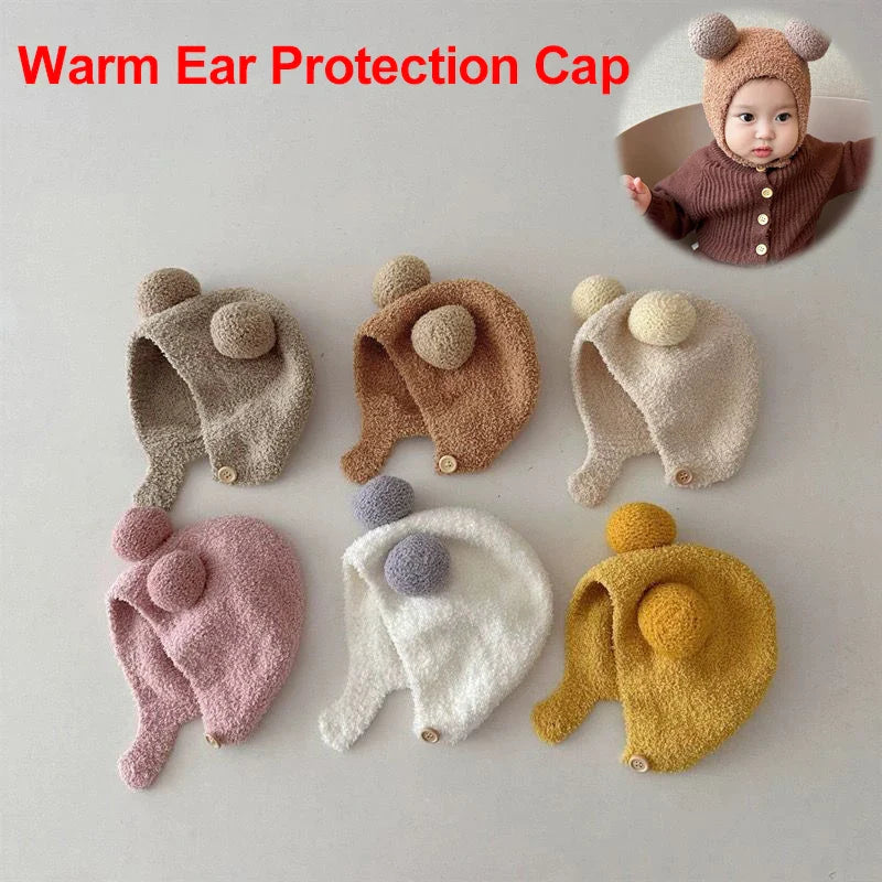 Lindos sombreros de invierno cálidos para niños y niñas, gorros de lana con dobladillo de vellón y pompón, gorros de lana sólida con protección para las orejas, gorros suaves para recién nacidos.