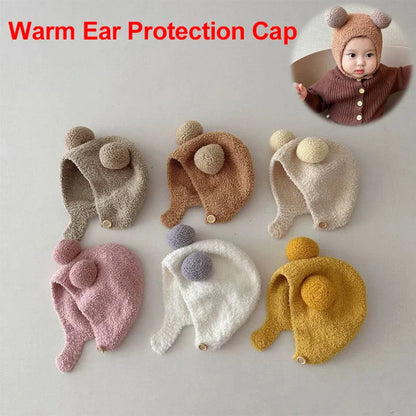 Lindos sombreros de invierno cálidos para niños y niñas, gorros de lana con dobladillo de vellón y pompón, gorros de lana sólida con protección para las orejas, gorros suaves para recién nacidos.