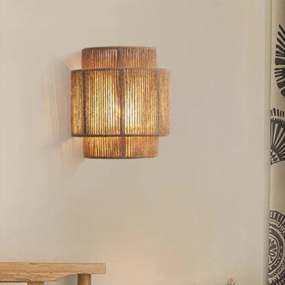 Vintage Rattan Wall Light E27 Handwoven Rope Sconce for Bedside Living Room