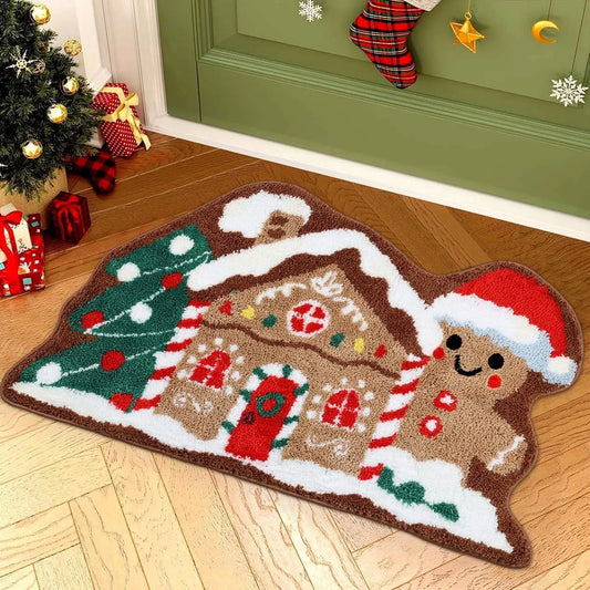 VIAMA Alfombra navideña de casa de jengibre, alfombrilla de baño suave, figura de jengibre, felpudo para sala de estar, decoraciones navideñas