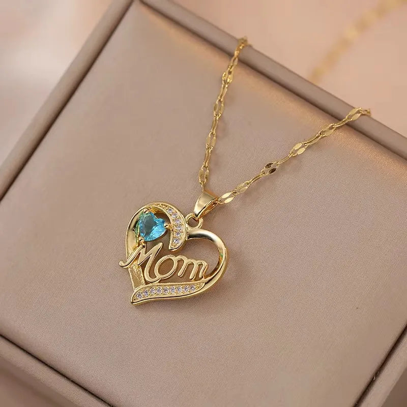 Crystal Heart Mama Necklace | Stainless Steel Pendant Jewelry for Mom