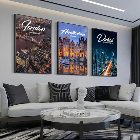 Ciudades de viaje famosasKuala Lumpur_Dubai_Ámsterdam_Lisboa_Pósteres HD Decoración de bar, cafetería, sala de estar, pintura artística de pared