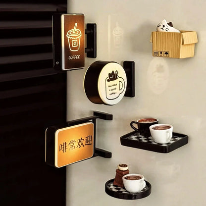 Imán de nevera Retro Coffee Corner Imán de nevera luminoso Imán magnético para el hogar en miniatura Tablero perforado de cafetería Decoración brillante