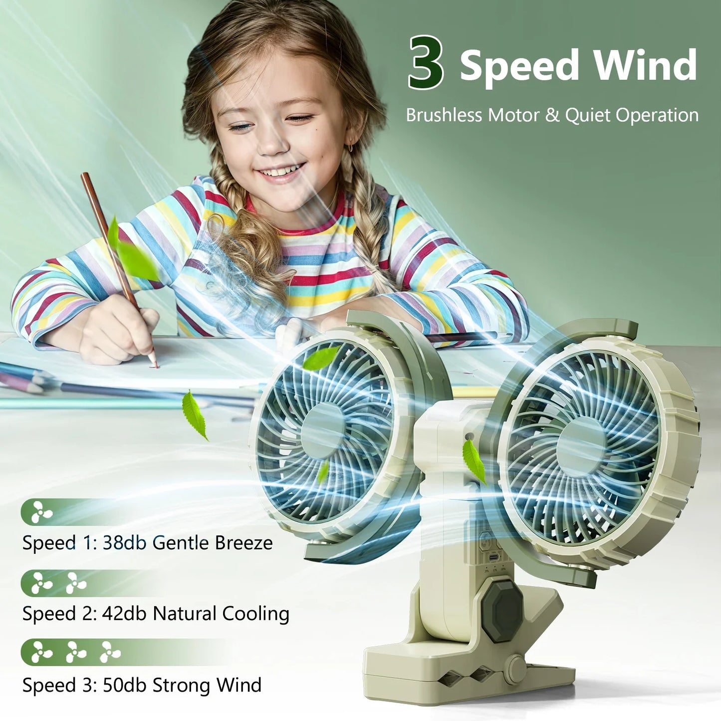 Cool Breeze | Portable Car Fan with Dual Heads & Rechargeable Battery | Adjustable Speed for Comfortable Travel