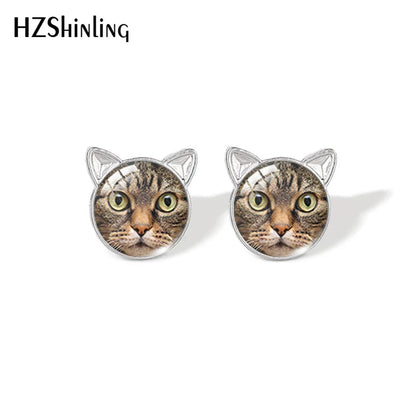 Lovely Cat Face Stud Earrings | Handmade Glass Dome Photo Printed Jewelry for Women