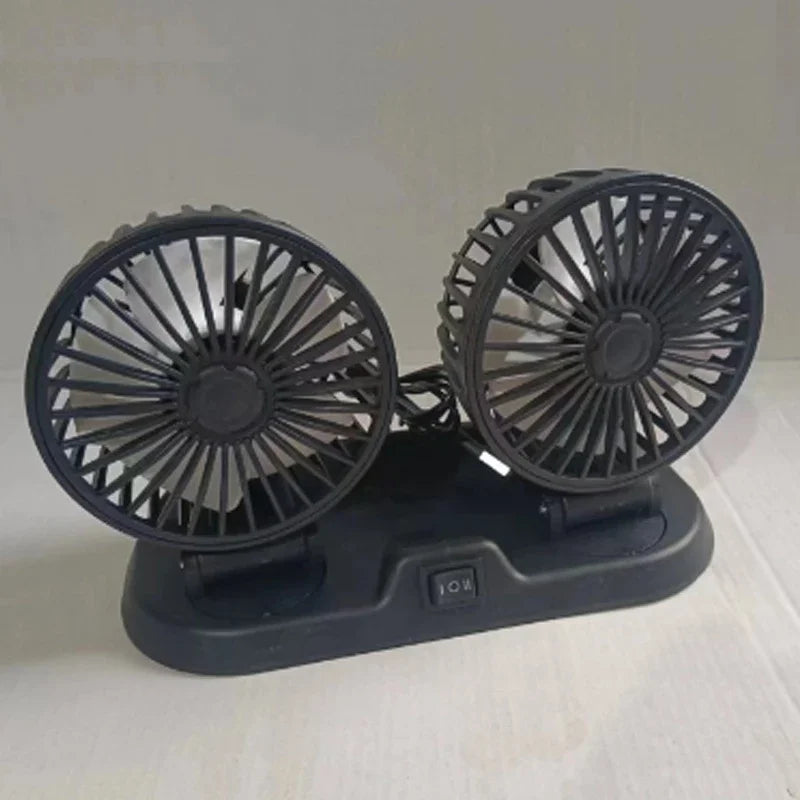 Dual Head Car Fan | 12 Volt Portable Fan with Adjustable Airflow | USB Charging for Efficient Air Circulation