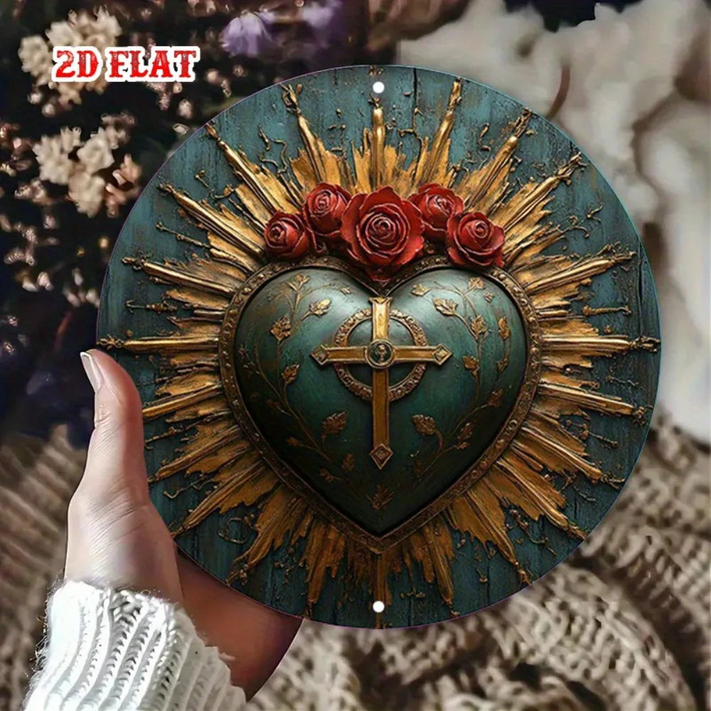 Panneau rond en aluminium Cœur Sacré religieux - 7,87" Décor rustique Roses et Croix, Art mural pour maison ou café
