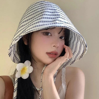 Women's Large Brim Foldable Bucket Hat with Chin Strap | Korean Style Striped Panama Sun Hat