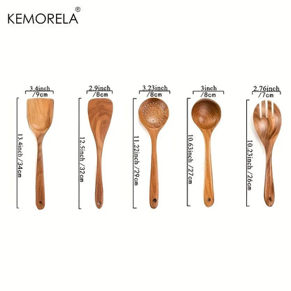 5PCS Cuchara de Cocina de Teca de Tailandia Herramienta de Vajilla de Madera Natural Cucharón Espátula Colador de Arroz Espumadera de Sopa Utensilios