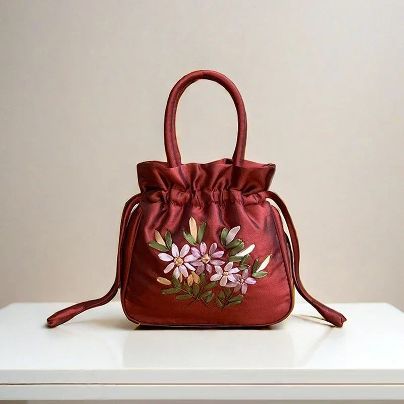 ZTBBAO Embroidered Flower Bucket Bag | Small Top Handle Handbag for Women