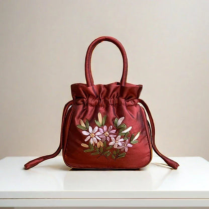ZTBBAO Embroidered Flower Bucket Bag | Small Top Handle Handbag for Women