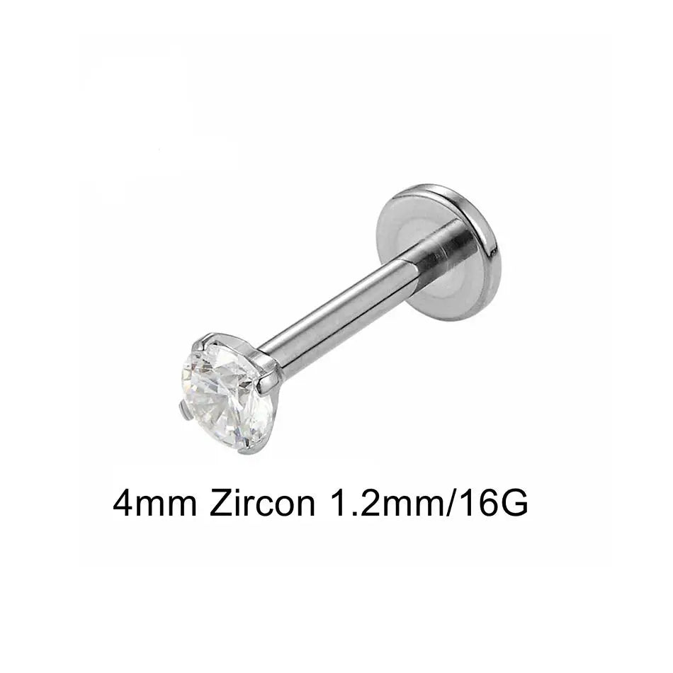 16G 18G Titanium Labret Stud Nose Ring | Zircon Internally Threaded Body Jewelry for Tragus and Helix