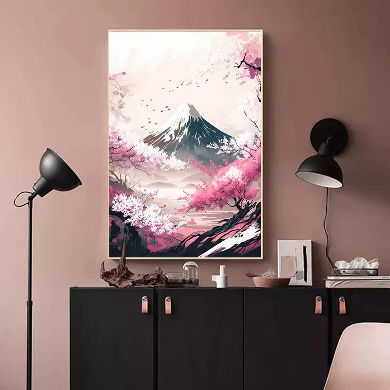 Póster japonés de flor de cerezo, montaña Fuji, puesta de sol, Tokio, lienzo impreso en HD, pintura artística de pared, imágenes, decoración del hogar