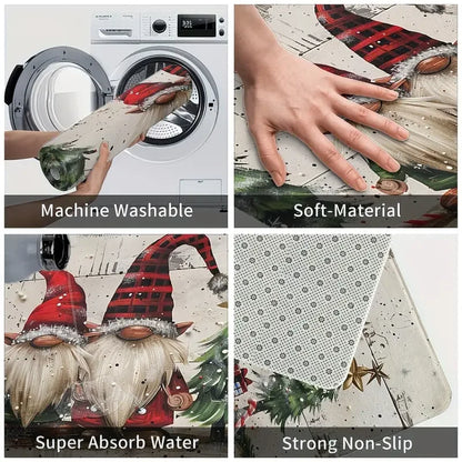 VIKAMA 2-Piece Christmas Rug Set White-Bearded Father Christmas Design Kitchen Mat Entrance Doormat Non-Slip Festive Home Decor
