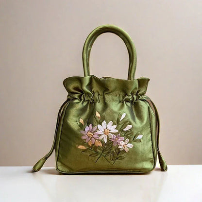 Small Embroidered Flower Bucket Bag | Women's Top Handle Drawstring Purse