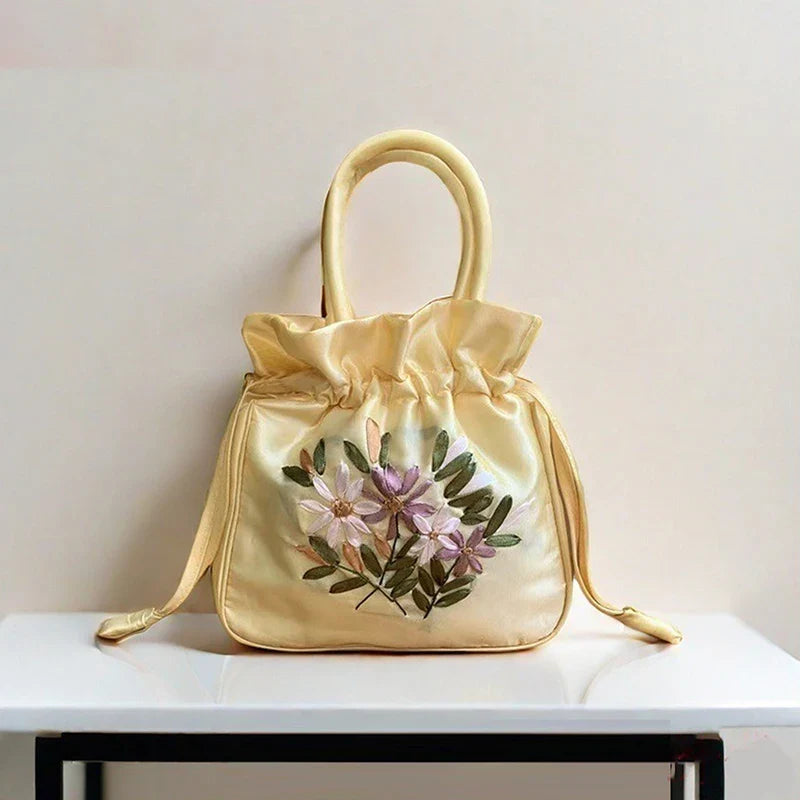 ZTBBAO Embroidered Flower Bucket Bag | Small Top Handle Handbag for Women