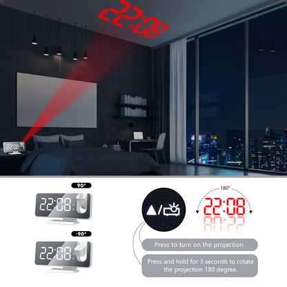 HD Projection Alarm Clock Large LED Display Digital Smart Radio Auto Dimming