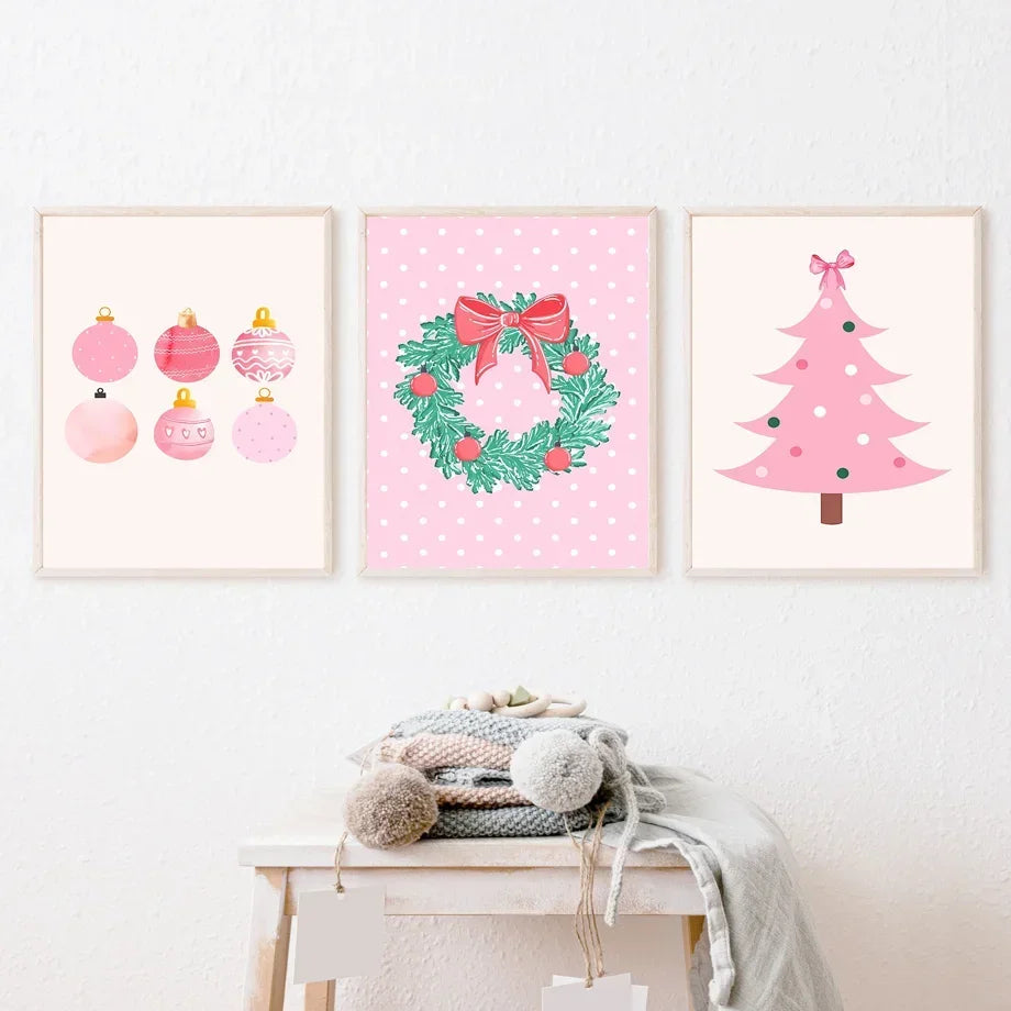 Arte de pared moderno y sencillo, árbol de Navidad rosa, Papá Noel, impresión en lienzo HD, póster, decoración para sala de estar, dormitorio