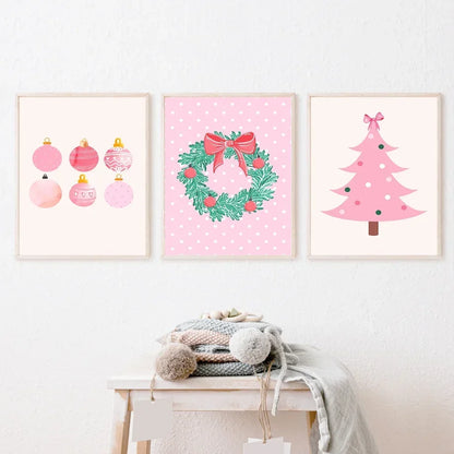Arte de pared moderno y sencillo, árbol de Navidad rosa, Papá Noel, impresión en lienzo HD, póster, decoración para sala de estar, dormitorio