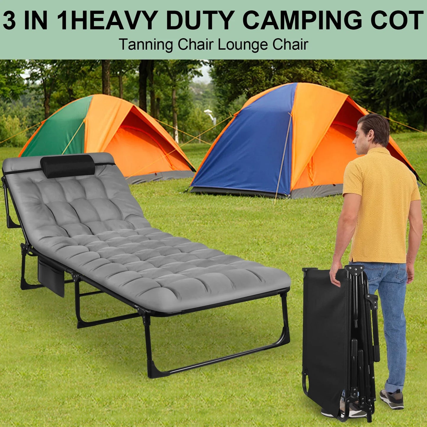 Portable Folding Camping Cot Adjustable Reclining Lounge Chair with Pillow