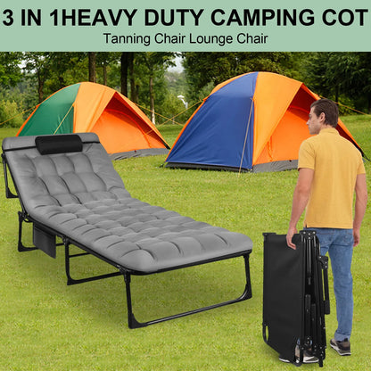 Portable Folding Camping Cot Adjustable Reclining Lounge Chair with Pillow
