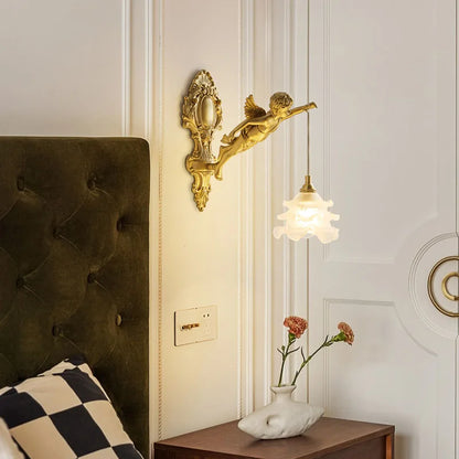 Brass Angel Wall Lamp Crystal Sconce Light Bedside Balcony Corridor Porch Decor