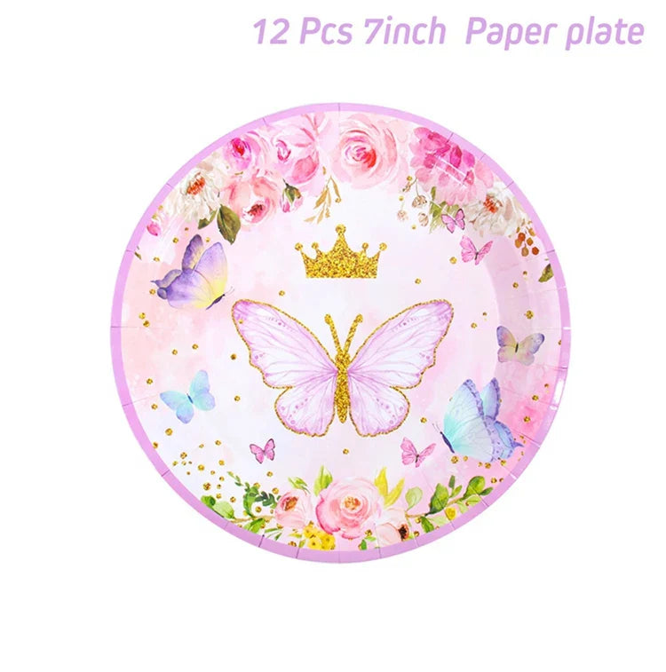 Vaisselle jetable Papillon Violet Serviette Papillon Décoration de Fête d'Anniversaire Fille Baby Shower Baptême Révélation de Genre Fournitures