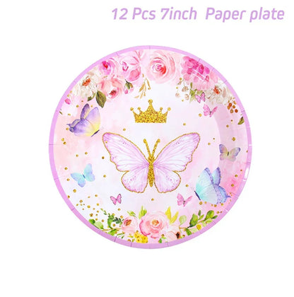 Vaisselle jetable Papillon Violet Serviette Papillon Décoration de Fête d'Anniversaire Fille Baby Shower Baptême Révélation de Genre Fournitures