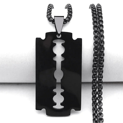Gothic Blade Razor Pendant Necklace | Stainless Steel Black Goth Men's Chain