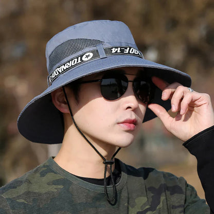 Windproof Men Outdoor Hat | Wide Brim Flat Top Fisherman Hat with Letter Print and Anti-UV Strap