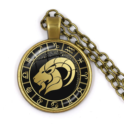 12 Constellation Zodiac Pendant Necklace | Antique Bronze Glass Dome Jewelry