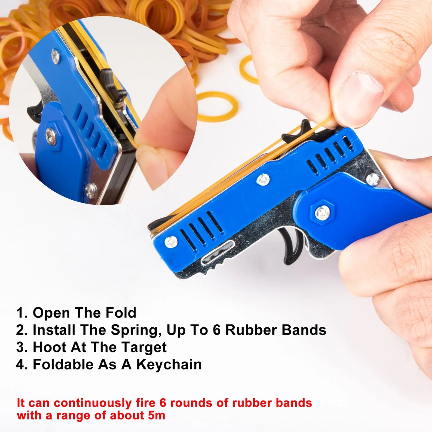 Mini Rubber Band Gun Keychain | Foldable Alloy Toy Gun with 6 Rubber Bands