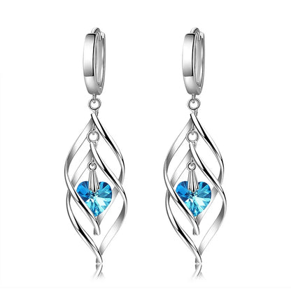 925 Silver Blue Crystal Drop Earrings | Hollow Long Dangle Earrings for Women