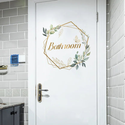 Green Plant Toilet Door Sticker Golden Letter Removable Self-adhesive Waterproof PVC Bathroom Decoration Decal