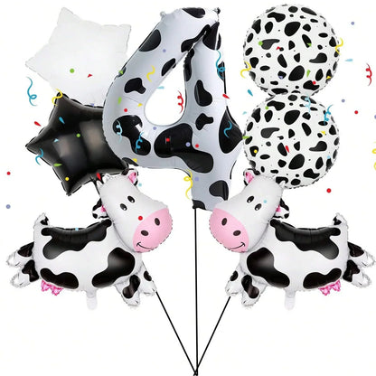 7pcs Big Cow Balloon Set 40 inch Black White Number 0-9 Foil Balloons | Farm Animal Birthday Party Decor
