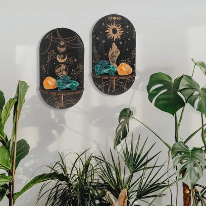 Wooden Crystal Shelf Display Stand | Bohemian Wall Rack for Stones and Jewelry