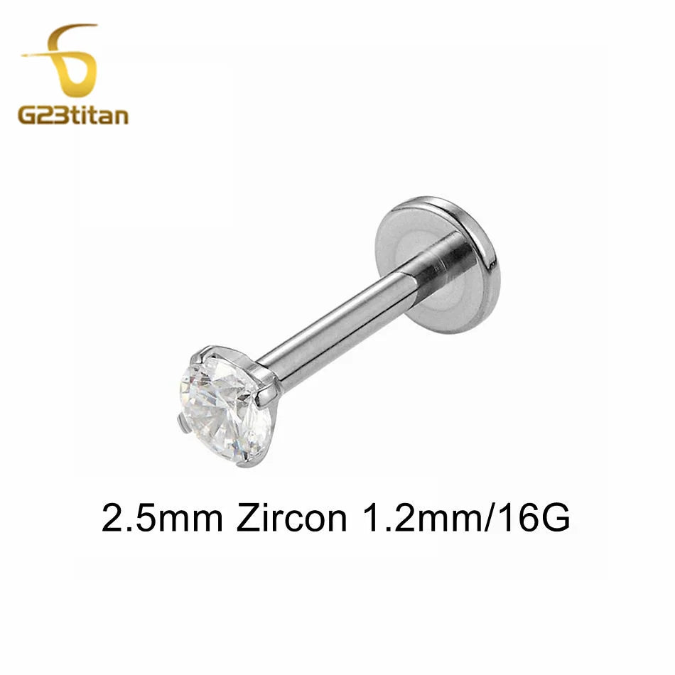 Titanium Labret Stud with Zircon Gem | Internally Threaded Body Jewelry