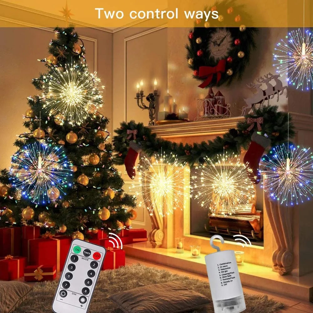 Guirlande Lumineuse LED Feux d'Artifice, Fil de Cuivre, Étoile, 8 Modes, Télécommande, Décoration Extérieure