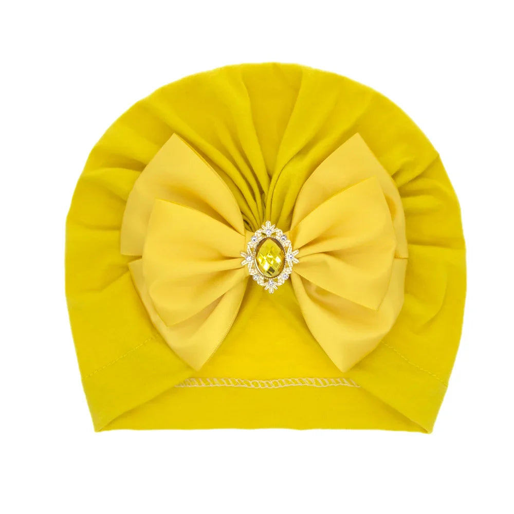 Solid Color Baby Turban Bow Beanie with Rhinestone | Handmade Infant Cap for Girls 0-2 Years