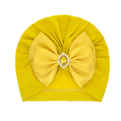 Solid Color Baby Turban Bow Beanie with Rhinestone | Handmade Infant Cap for Girls 0-2 Years