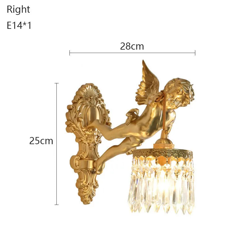 Brass Angel Wall Lamp Crystal Sconce Light Bedside Balcony Corridor Porch Decor